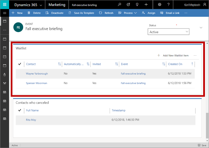 Zobrazení seznamu čekajících pro akci Zobrazení seznamu čekajících pro akci.