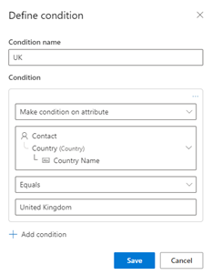 Snímek obrazovky bloku obsahu s podmínkou definovanou pomocí vyhledávacího sloupce vlastní země kontaktu.