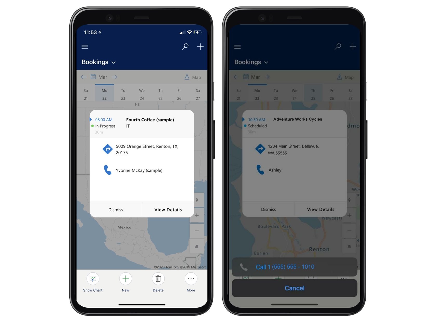 Aplikace Field Service Mobile se zobrazenými možnostmi pro navigaci a volání zákazníkovi.