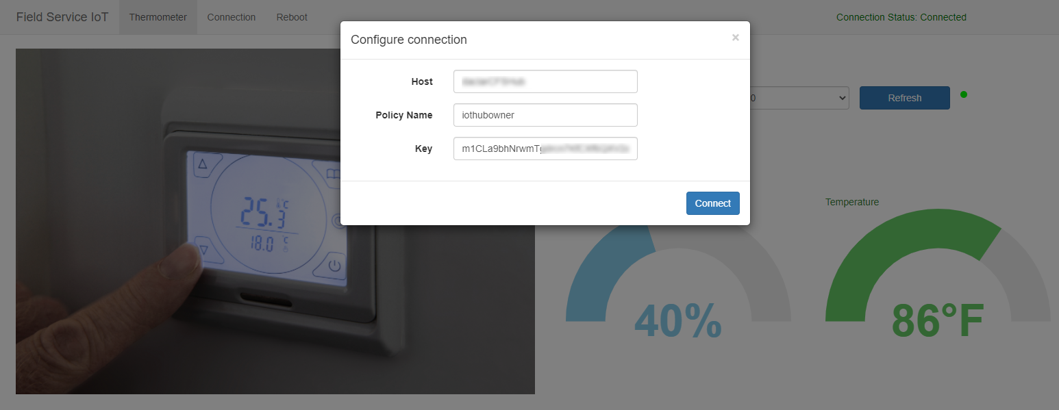 Screenshot dialogového okna „Konfigurovat připojení“ v Azure.