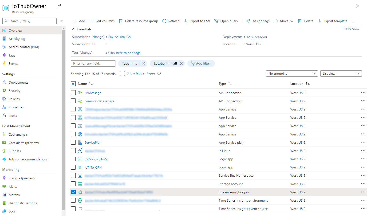 Screenshot Microsoft Azure zobrazující Stream Analytics výstrahy IoT v Connected Field Service.