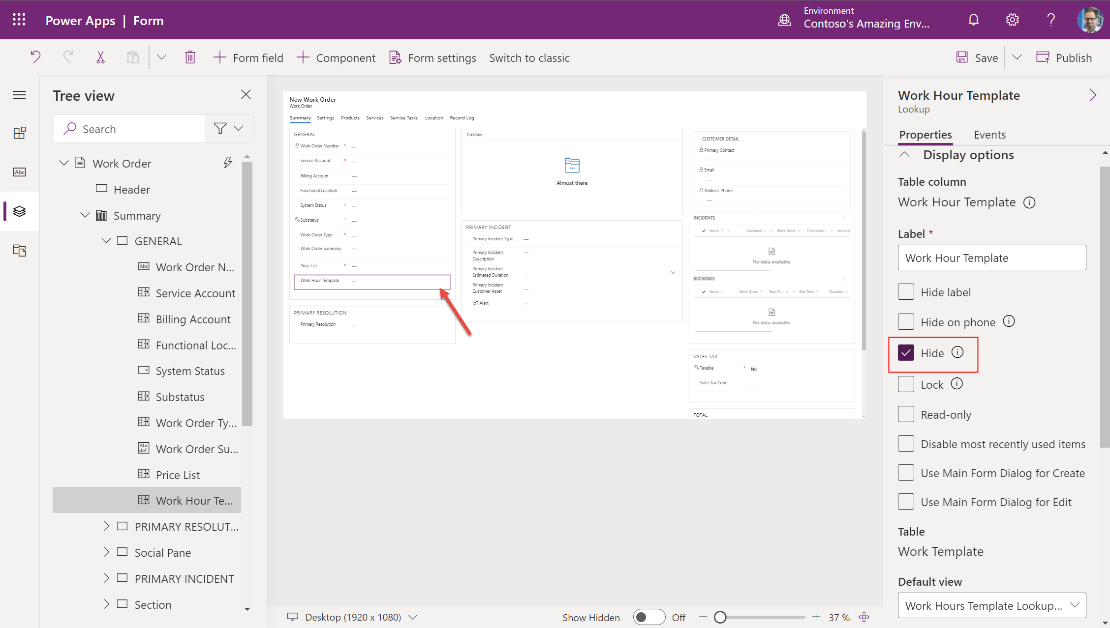 Formulář pracovního příkazu Power Apps zobrazující možnost pro skrytí.