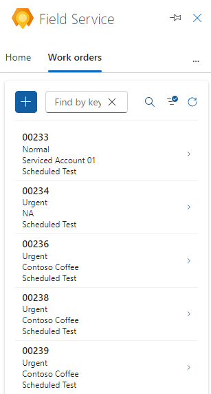 Snímek obrazovky podokna Field Service v aplikaci Outlook se čtyřmi uvedenými pracovními příkazy