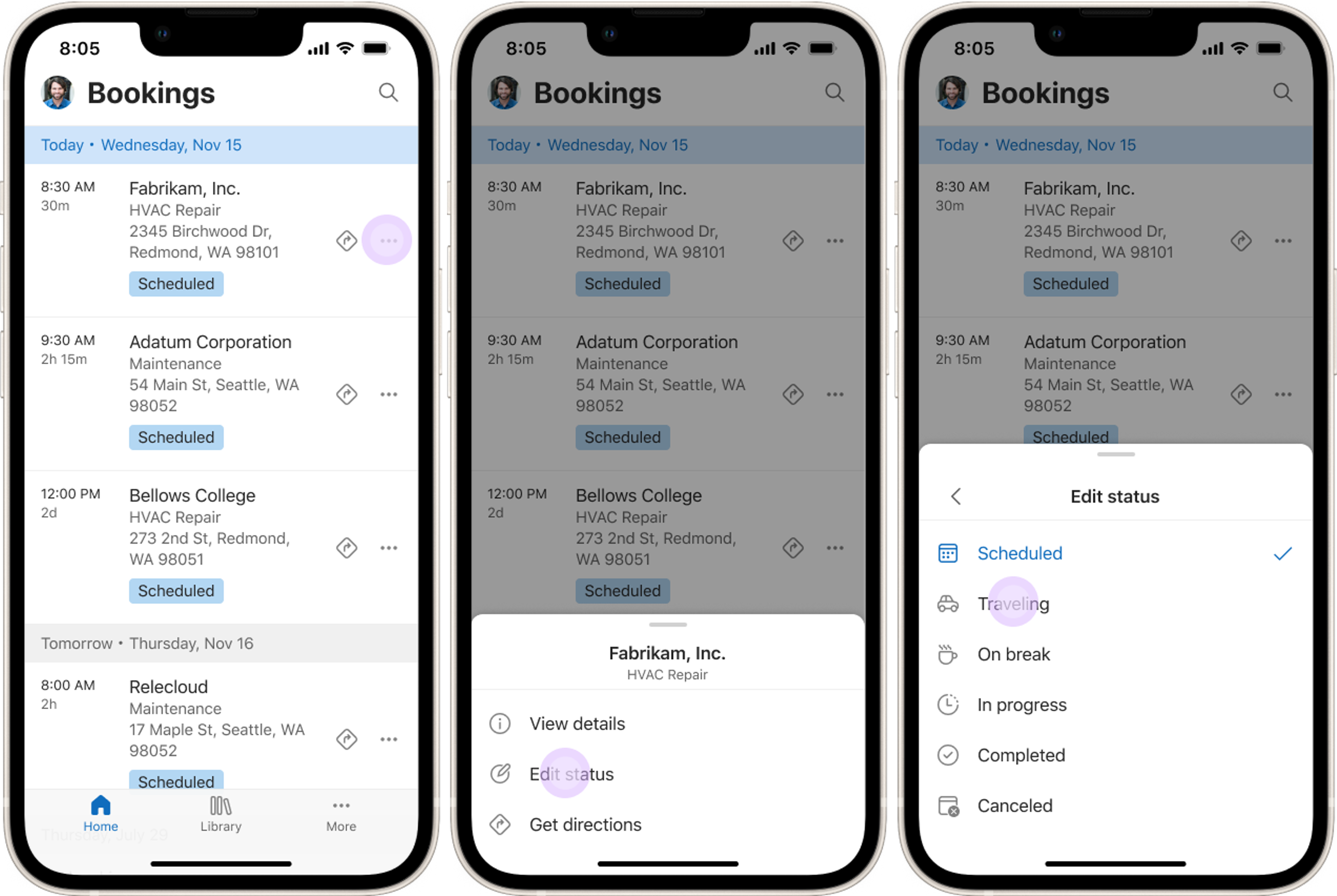 Obrázek tří mobilních zařízení zobrazujících, jak změnit stav rezervace v mobilní aplikaci Field Service.