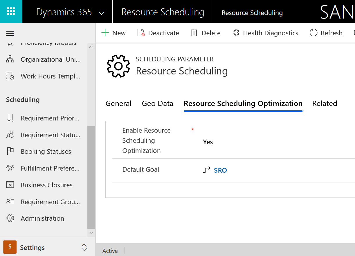 Snímek obrazovky znázorňující parametr plánování na kartě Resource Scheduling Optimization.