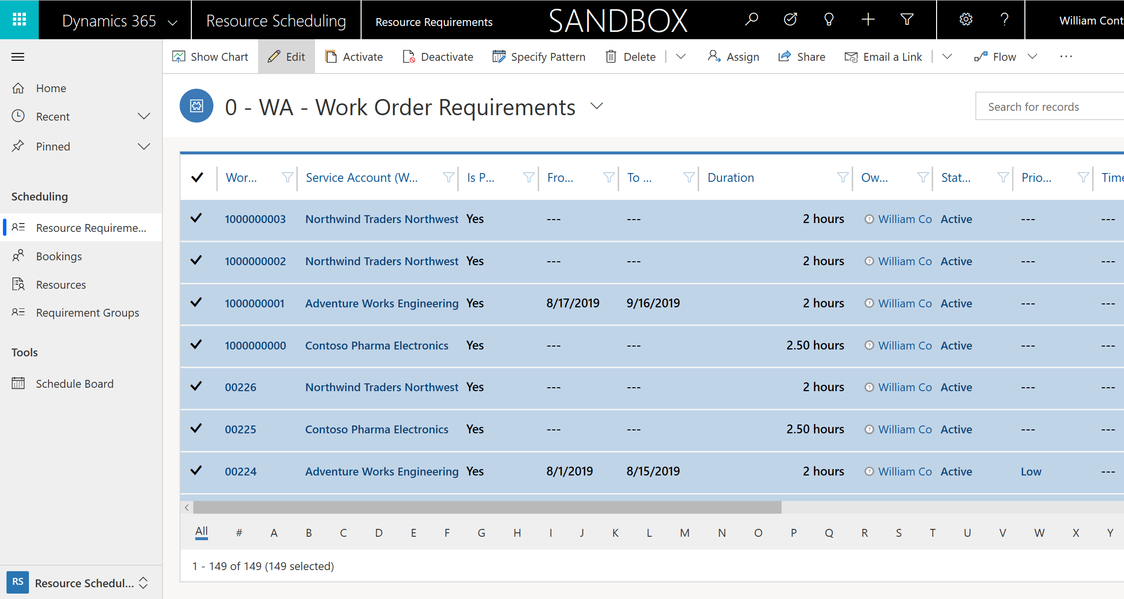 Snímek obrazovky znázorňující seznam požadavků na pracovní příkazy.