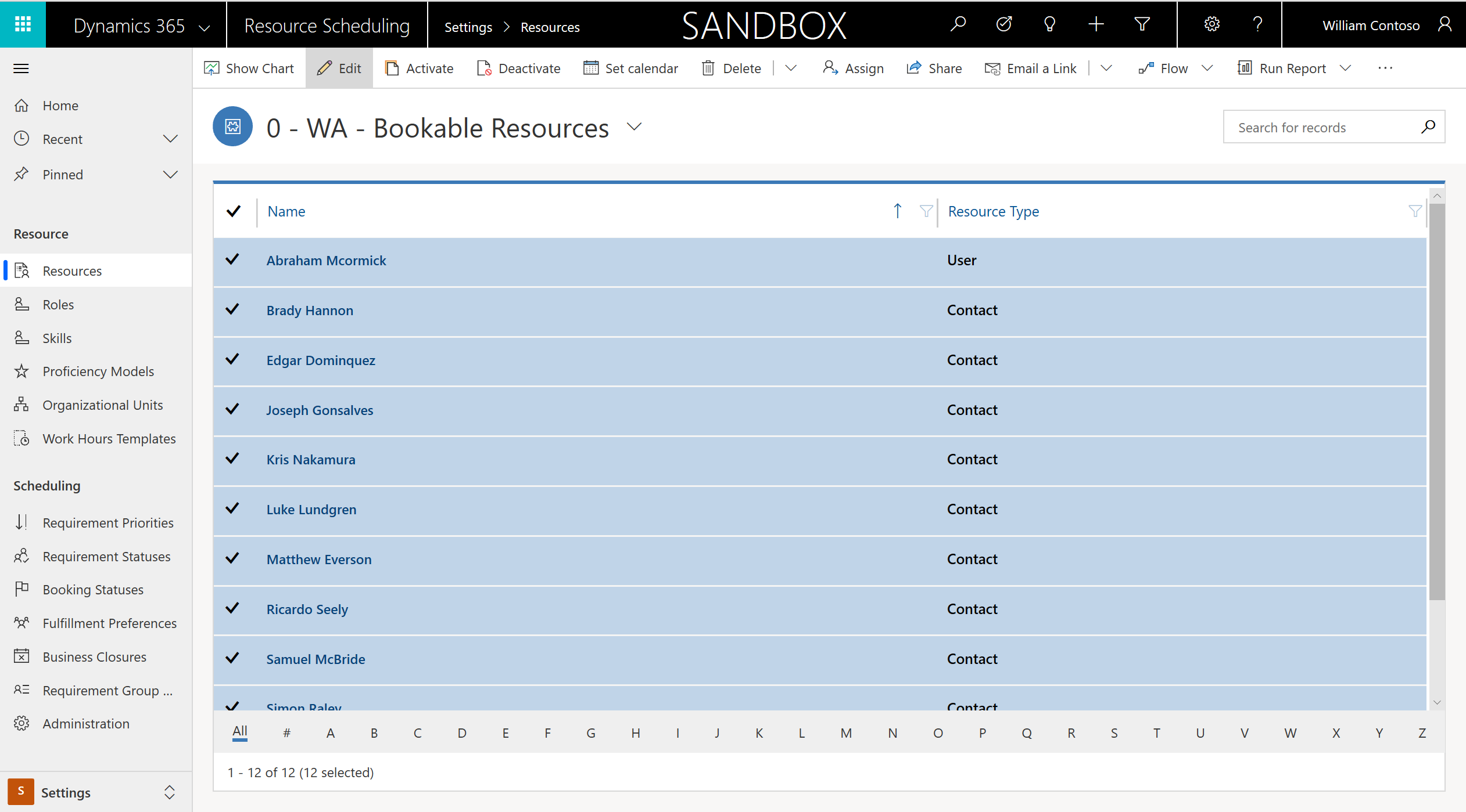 Snímek obrazovky znázorňující seznam rezervovatelných zdrojů.