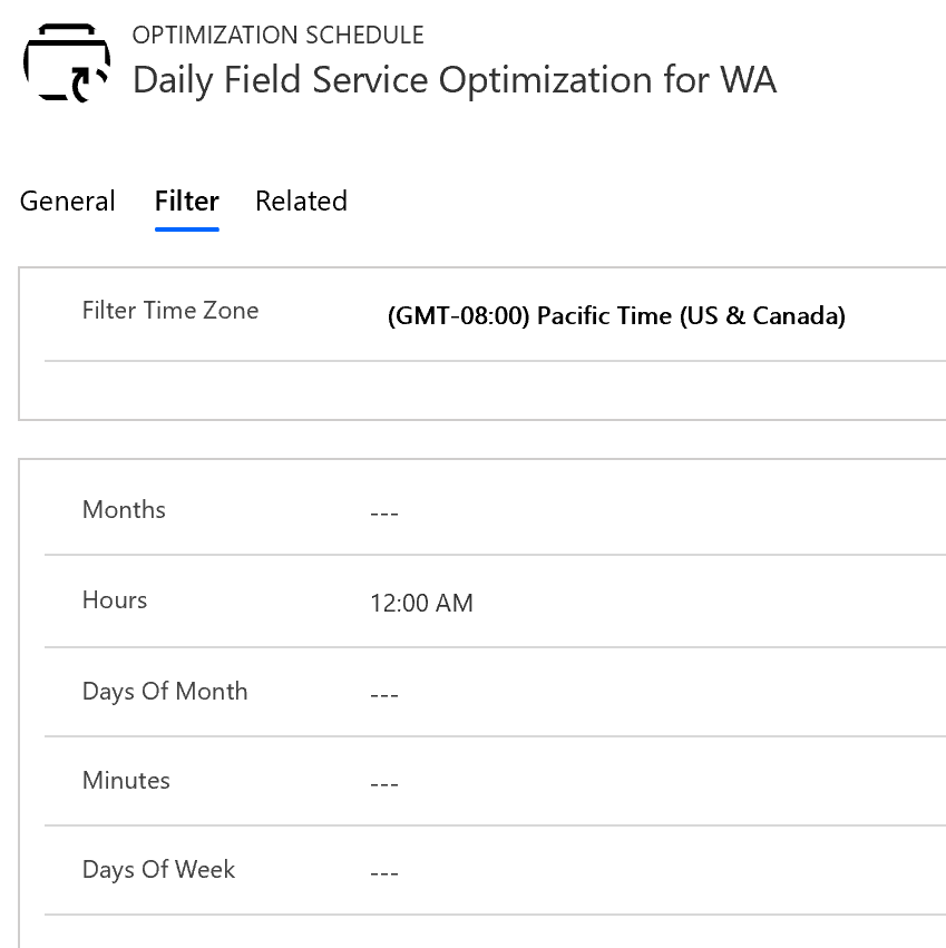 Snímek obrazovky znázorňující plán optimalizace na kartě filtru.