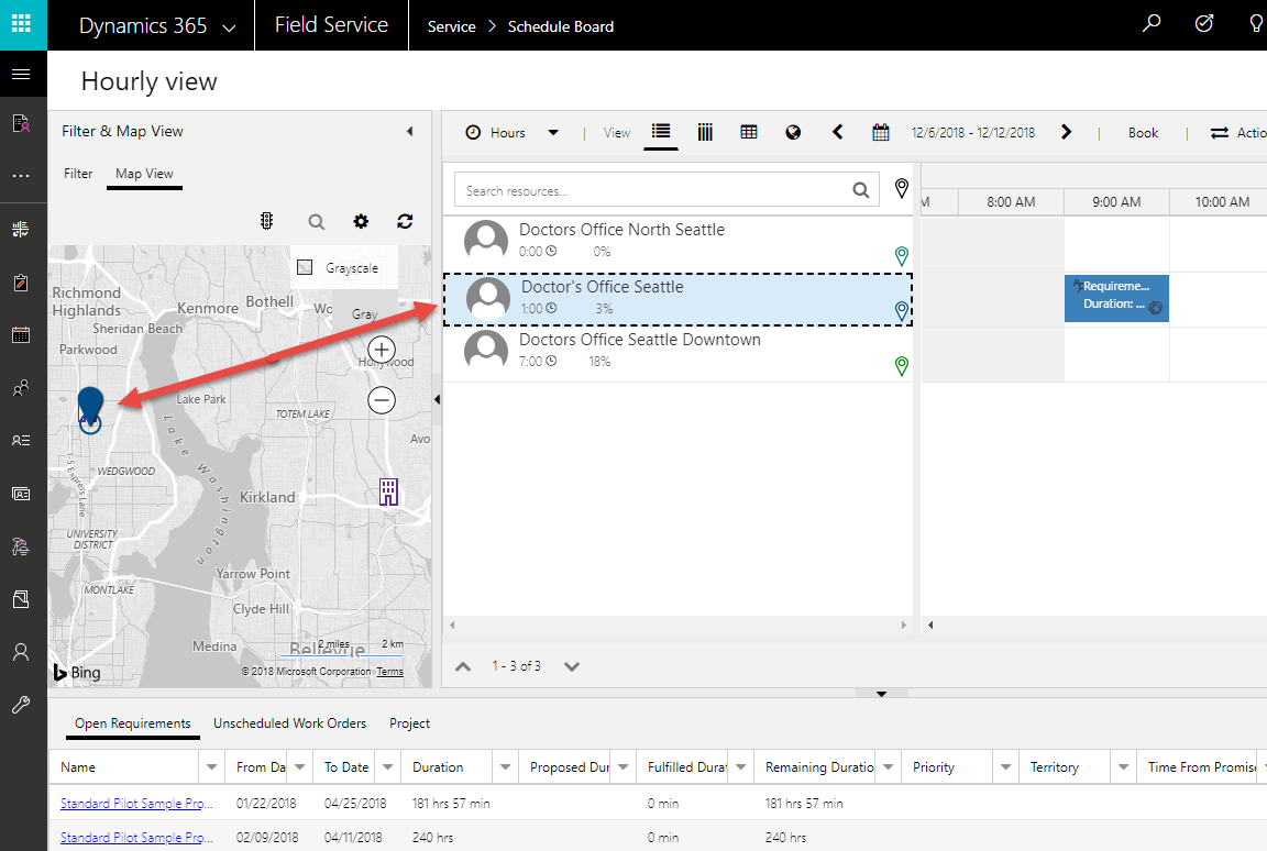Snímek obrazovky zdroje zařízení na mapě plánovací vývěsky.