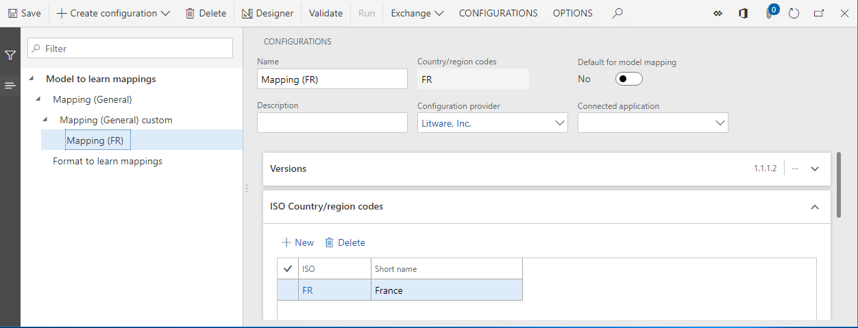 Stránka konfigurací ER, konfigurace mapování modelu (FR).