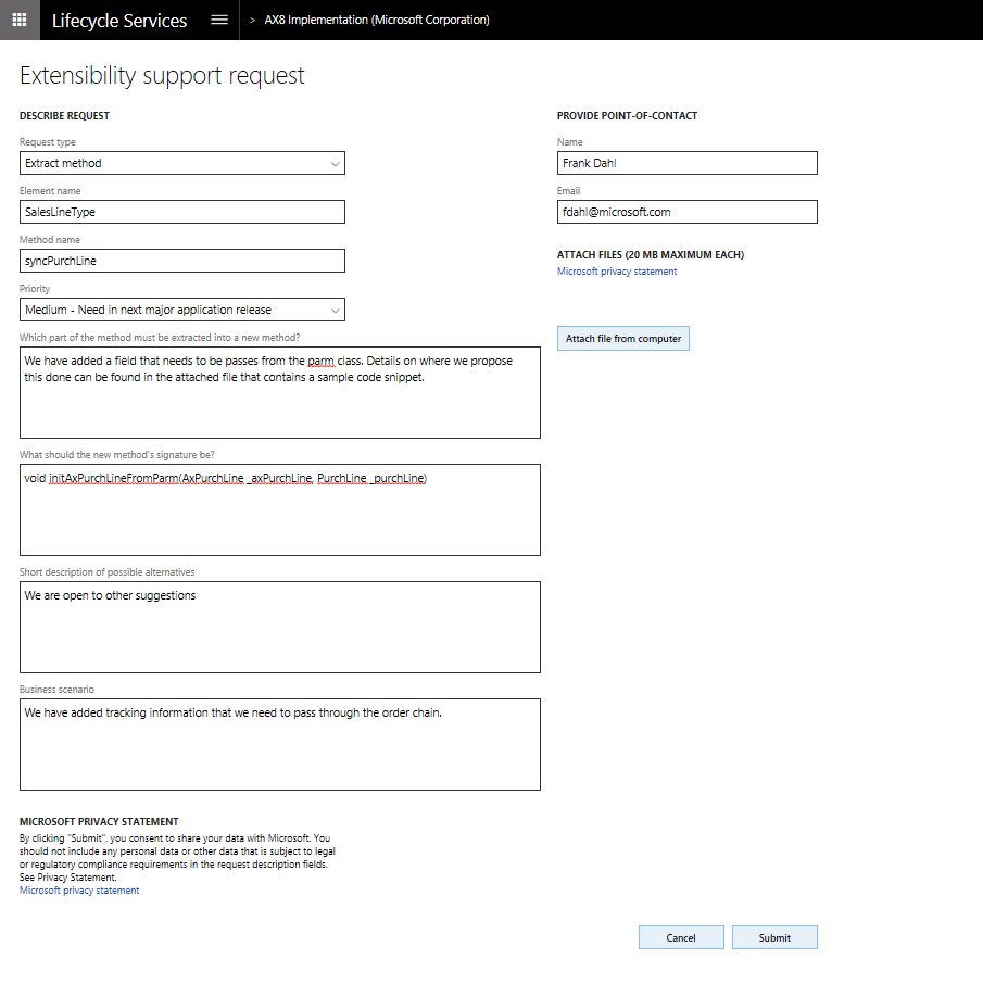 Create extensibility support request.