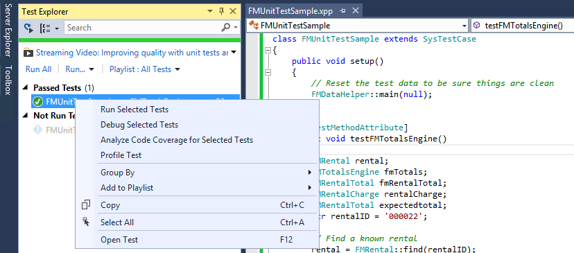 Screenshot of an example of right-clicking to run or debug selected tests.
