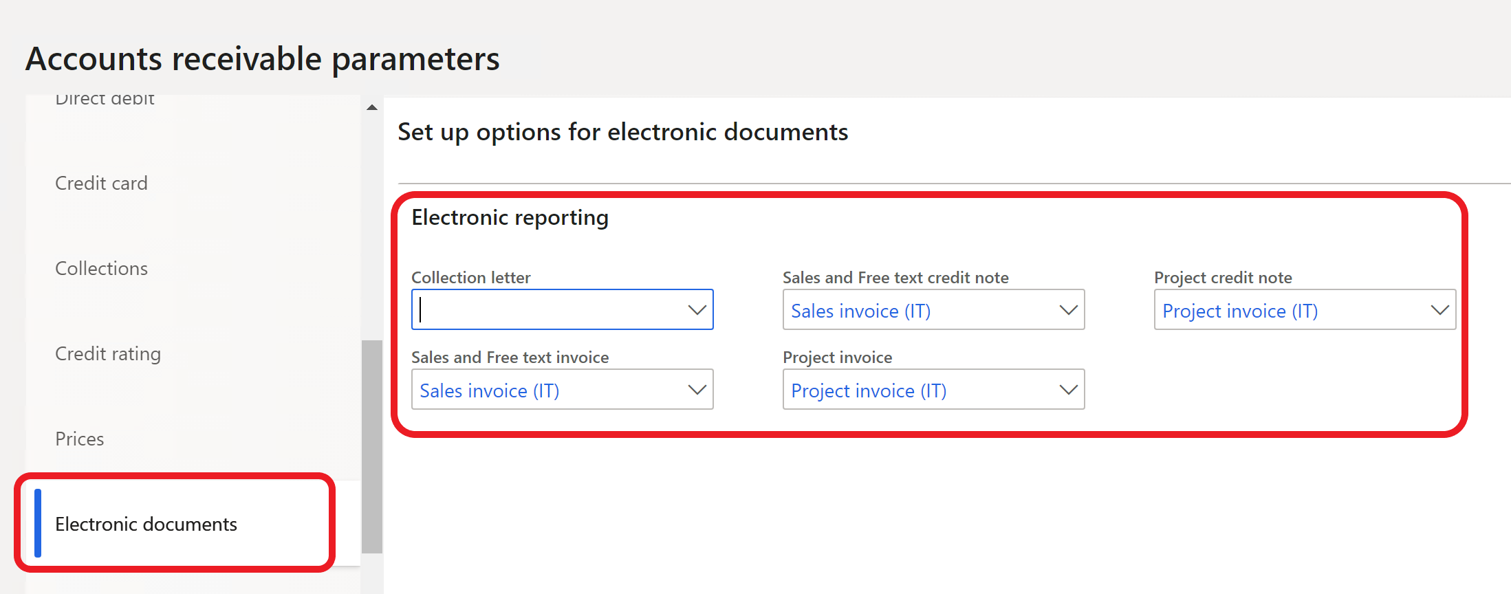 Electronic document tab of the Accounts receivable parameters page.