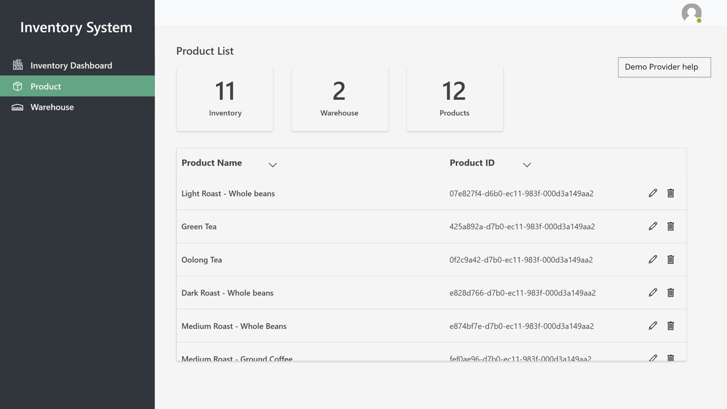 Stránka Produkty zásob v ukázkové aplikaci zásob.