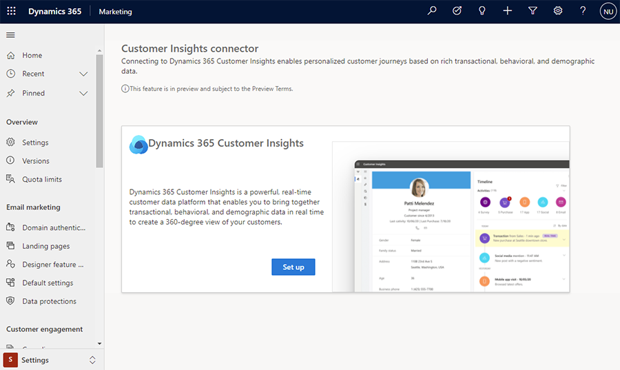 Snímek obrazovky nastavení Customer Insights - Data.