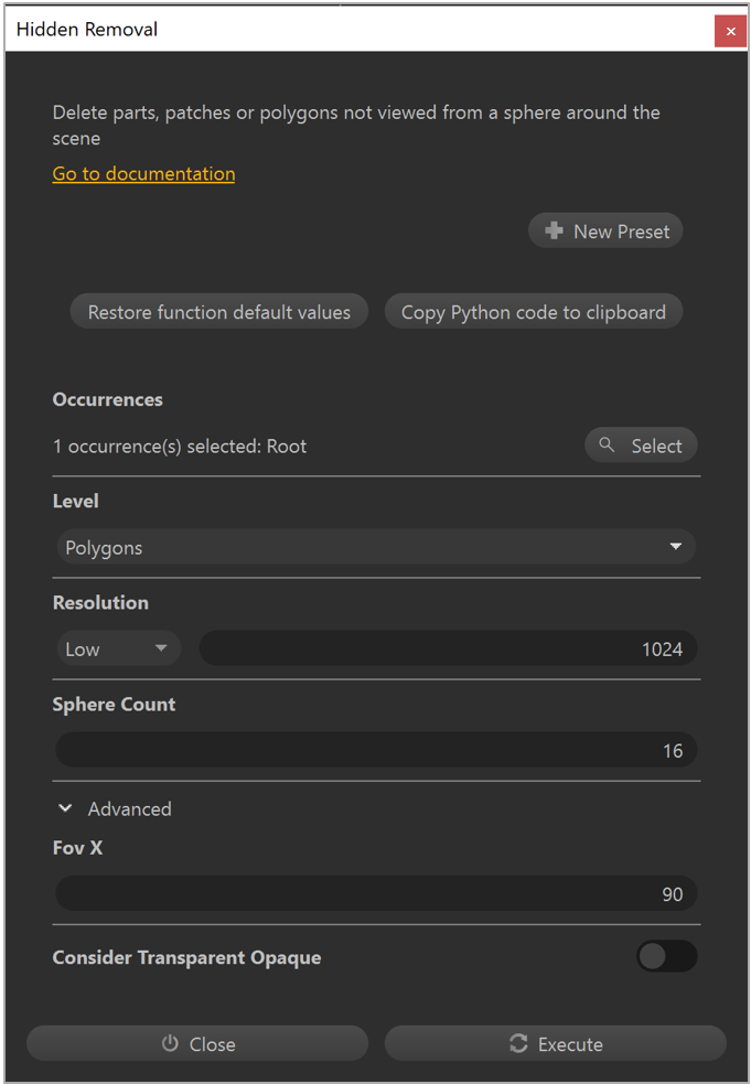 Dialogové okno Skryté odebrání