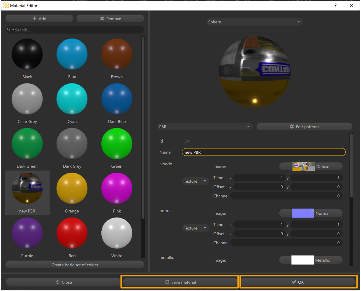 Tlačítko Uložit materiál