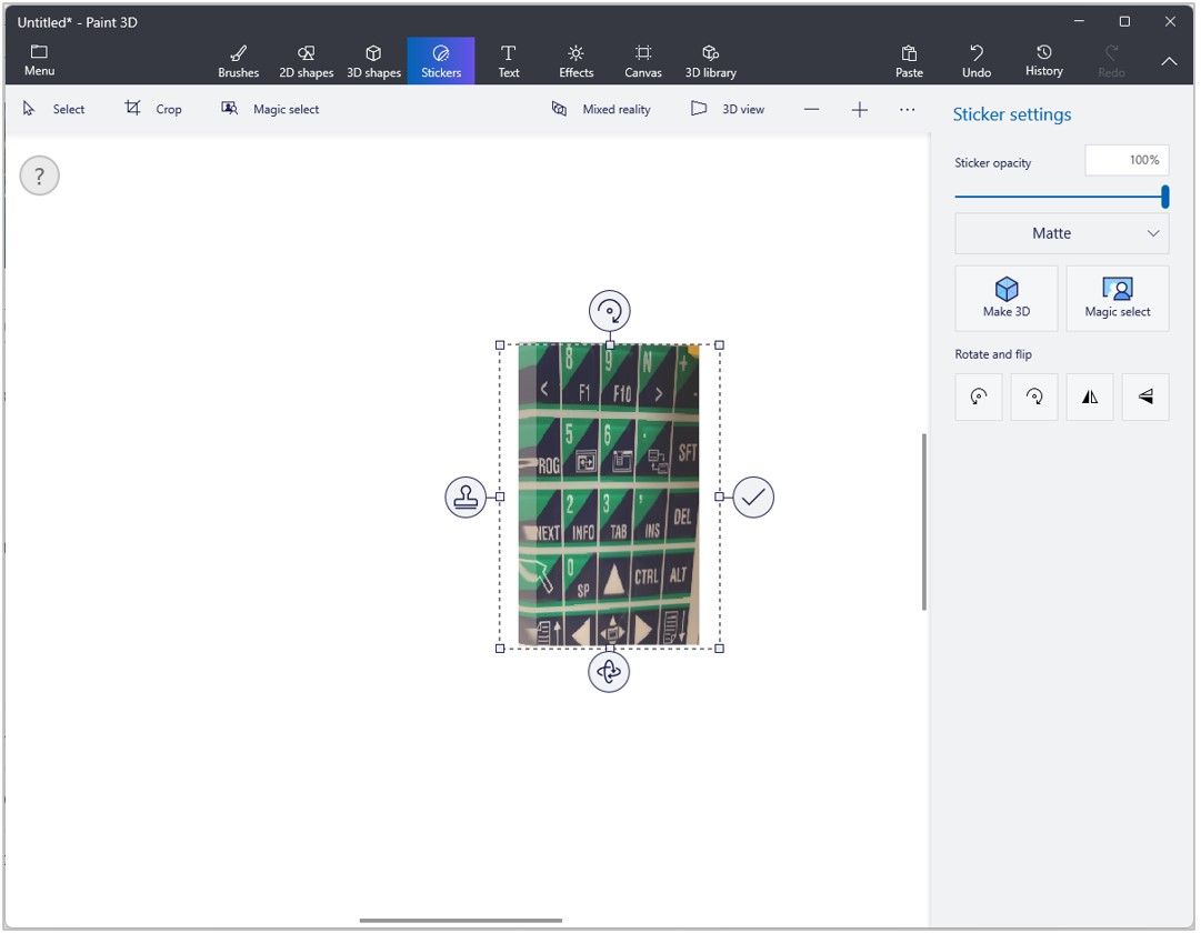 Screenshot of Paint 3D with sticker resized to fit 3D panel Screenshot of Paint 3D with sticker resized to fit 3D panel.