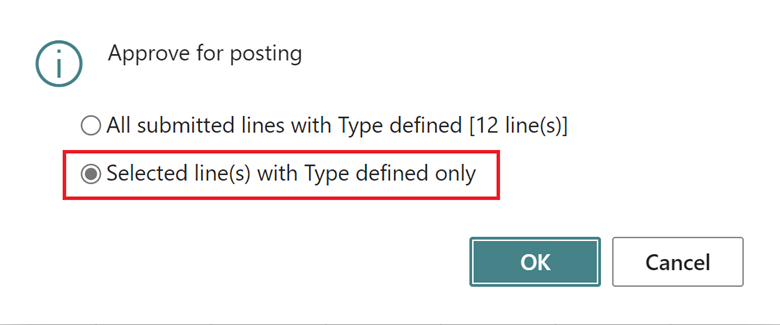 Shows default approval or rejection selection now being Selected lines.