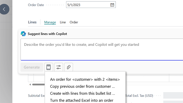 Create sales lines easily with Copilot