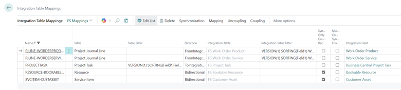 Shows new integration table mappings used in Dynamics 365 Field Service integration
