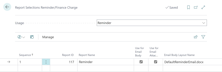 The report selection page for reminders and finance charge memos.