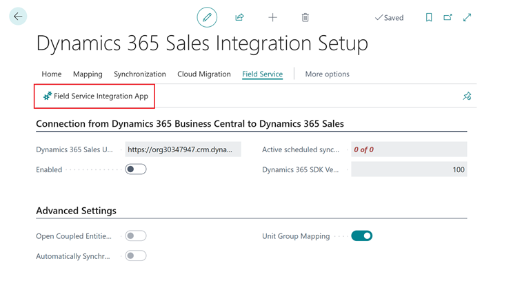 Screenshot shows new Field Service Integration App action in Sales Integration setup page.