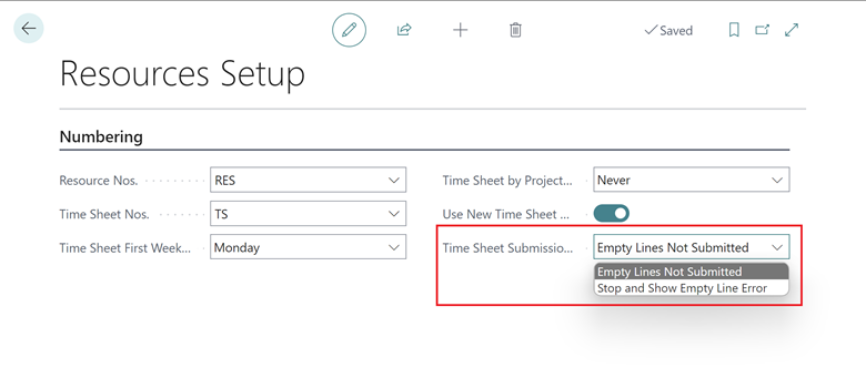 Shows Resource Setup with Time Sheet Submission Policy field highlighted