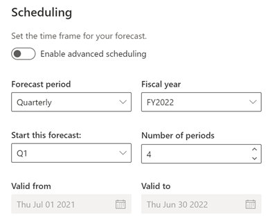 Screenshot kroku Obecné na stránce Konfigurace prognózy se zobrazenými možnostmi plánování.