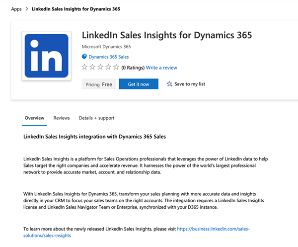 Stránka LinkedIn Sales Insights for Dynamics 365 AppSource.