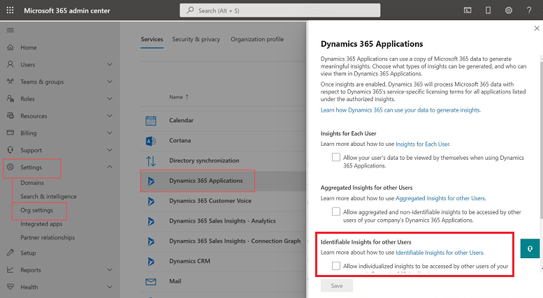 Screenshot nastavení organizace v centru pro správu Microsoft 365 se zobrazeným formulářem souhlasu pro aplikace Dynamics 365.