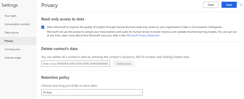 Stránka nastavení ochrany osobních údajů v aplikaci Analytické nástroje pro konverzace.