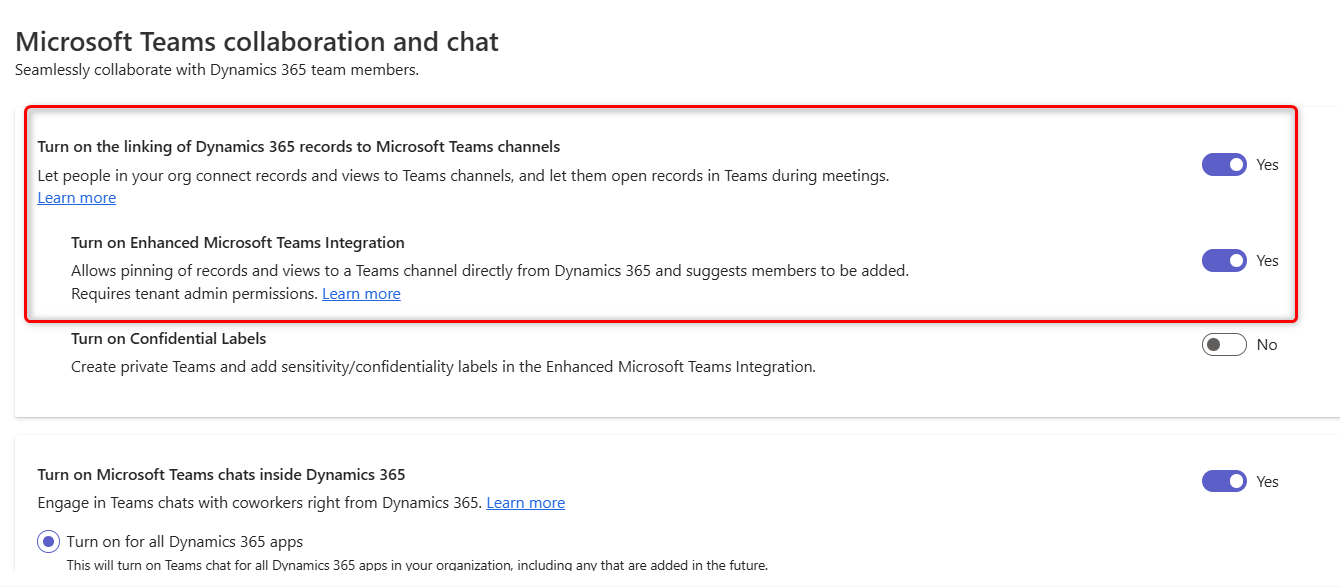 Snímek obrazovky znázorňující spolupráci a nastavení chatu v Microsoft Teams