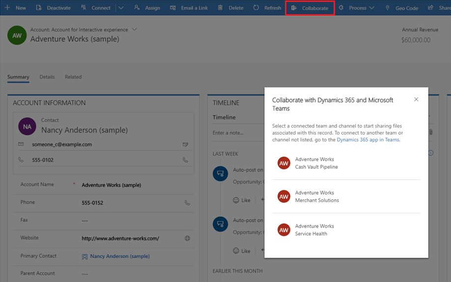 Otevření konverzace v Microsoft Teams z aplikací Dynamics 365 Otevření konverzace v aplikaci Microsoft Teams z aplikací Dynamics 365.