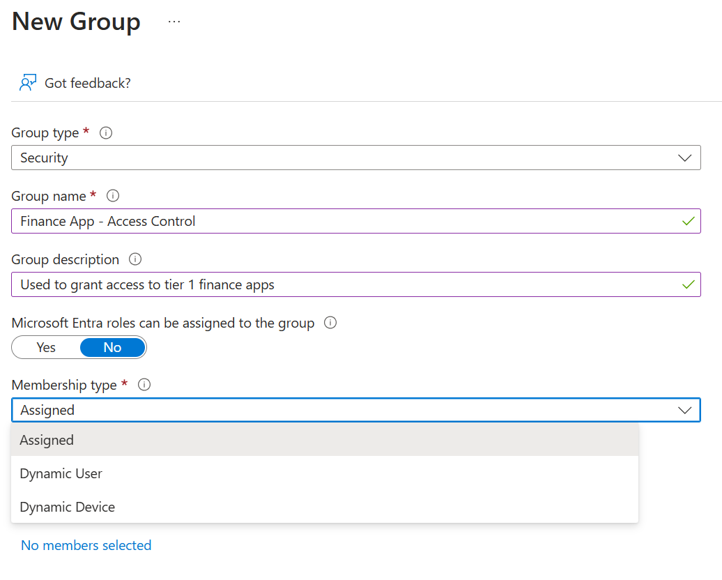 Screenshot of entries and options under New Group.