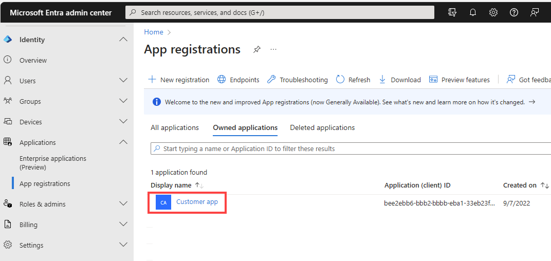 Snímek obrazovky se stránkou přehledu registrace aplikace