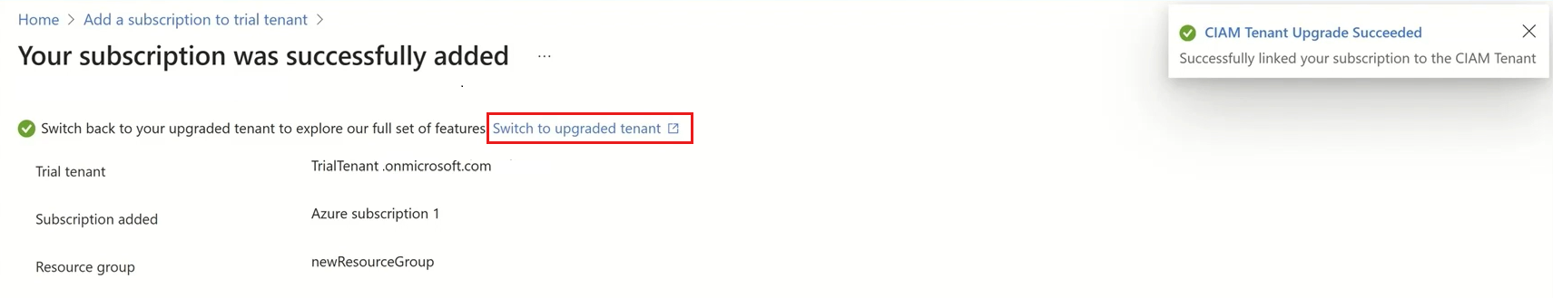 Snímek obrazovky s odkazem přepnout na tenanta