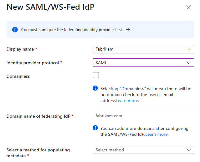 Snímek obrazovky znázorňující novou stránku IdP pro SAML nebo WS-Fed