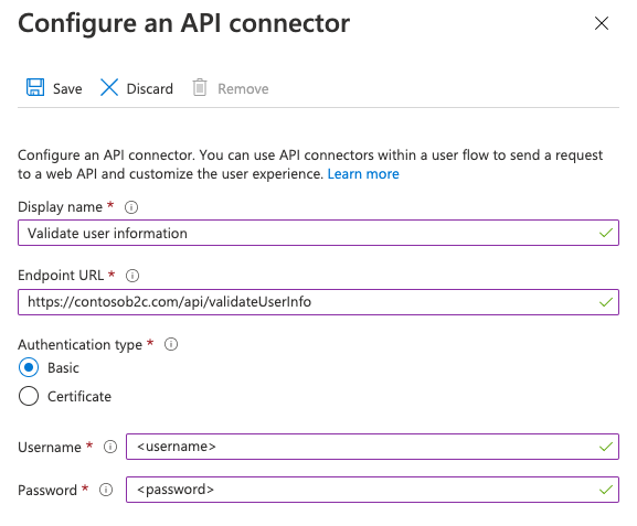 Snímek obrazovky se základní konfigurací ověřování pro konektor rozhraní API