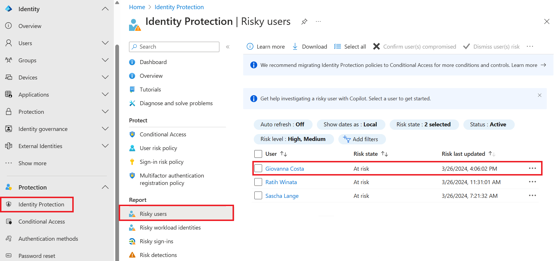 Snímek obrazovky znázorňující sestavu rizikových uživatelů služby Identity Protection