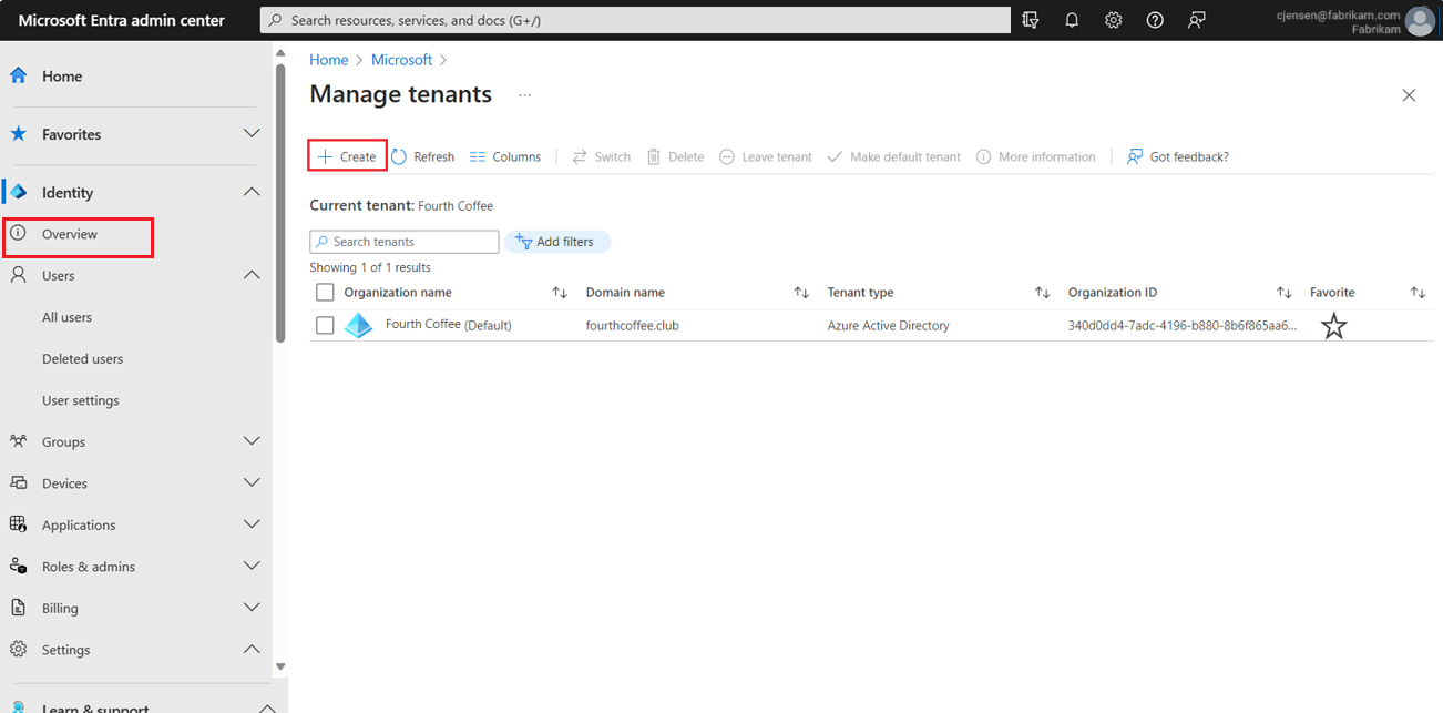 Snímek obrazovky s ID Microsoft Entra – stránka Přehled – Vytvoření tenanta