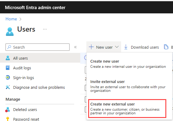 Snímek obrazovky s nabídkou vytvořit nového externího uživatele v Microsoft Entra ID