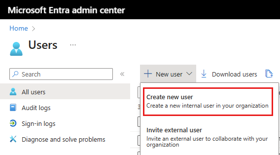 Snímek obrazovky s nabídkou vytvořit nového uživatele v Microsoft Entra ID