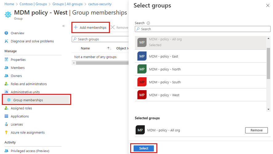 Snímek obrazovky vytvoření skupiny jako člena jiné skupiny se zvýrazněnou možností Přidat členství ve skupině v boční nabídce a zvýrazněnou možností Přidat členství