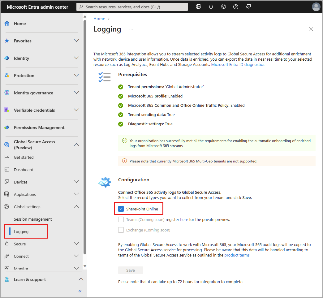 Screenshot of the Logging area of Global Secure Access.