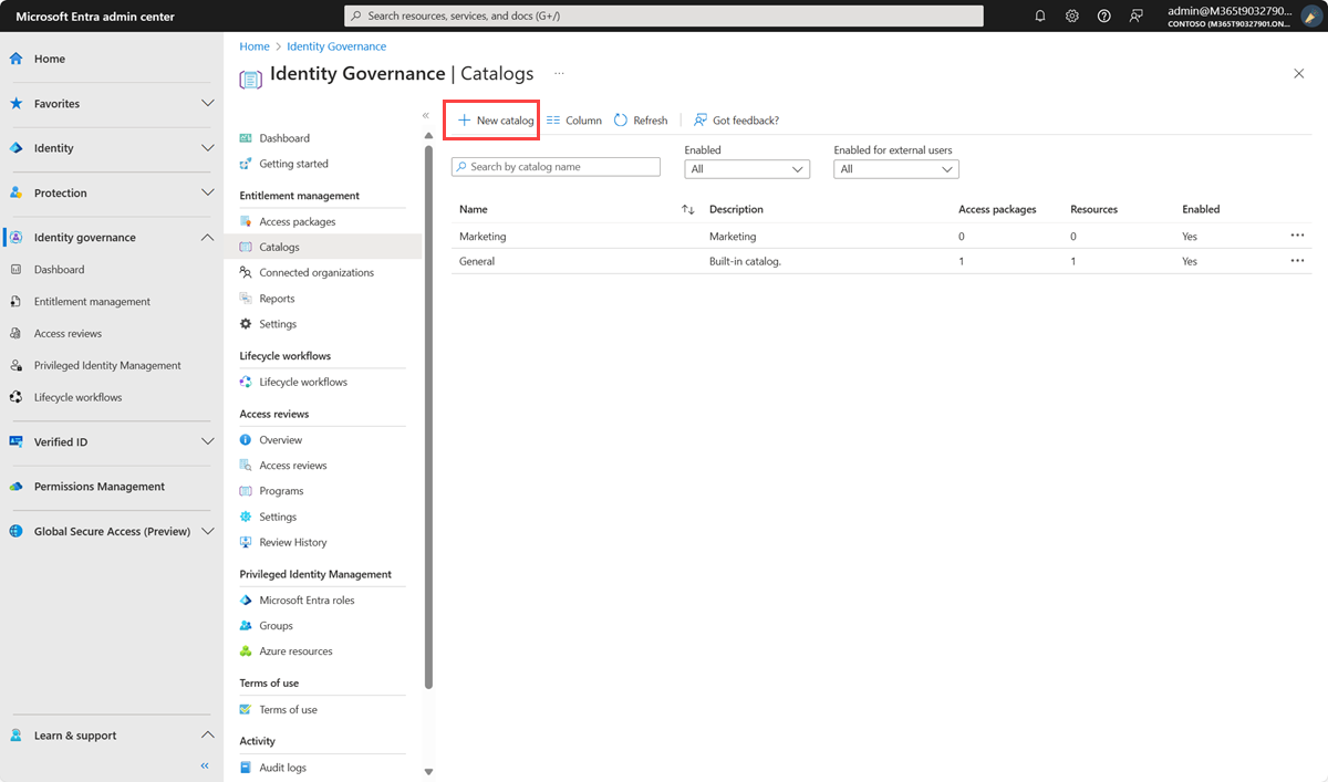 Screenshot that shows entitlement management catalogs in the Microsoft Entra admin center.