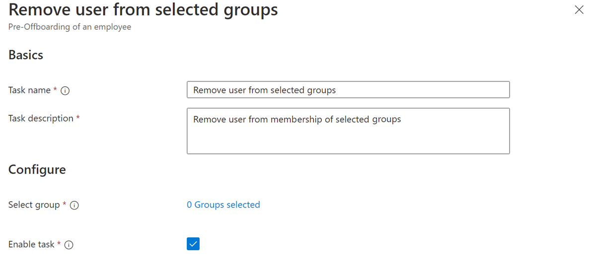 Snímek obrazovky s úlohou Pracovní postupy: Odebrání uživatele z vybraných skupin