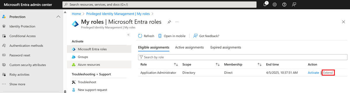 Role Microsoft Entra – Stránka Moje role se seznamem oprávněných rolí se sloupcem Akce