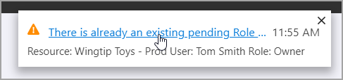 Snímek obrazovky s oznámením s vysvětlením, že už existuje existující čekající rozšíření přiřazení role
