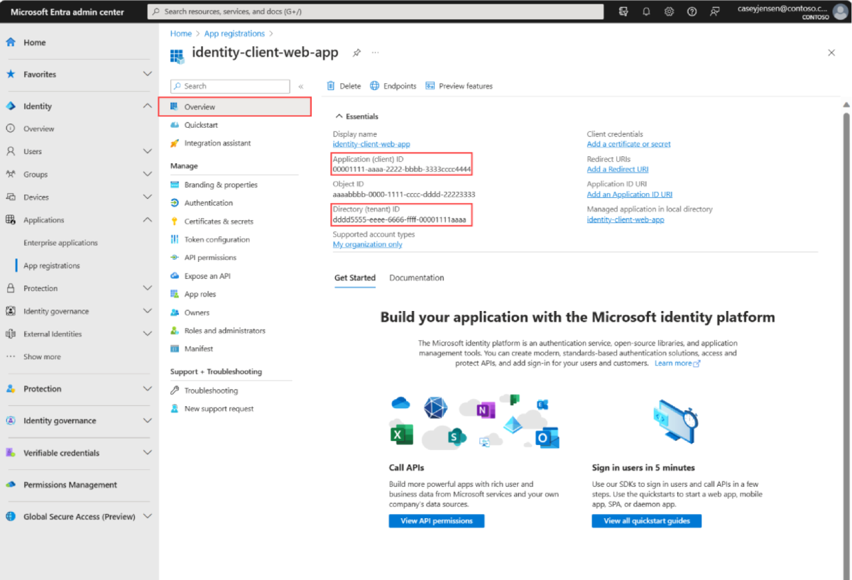 Snímek obrazovky znázorňující hodnoty identifikátoru na stránce přehledu v Centru pro správu Microsoft Entra